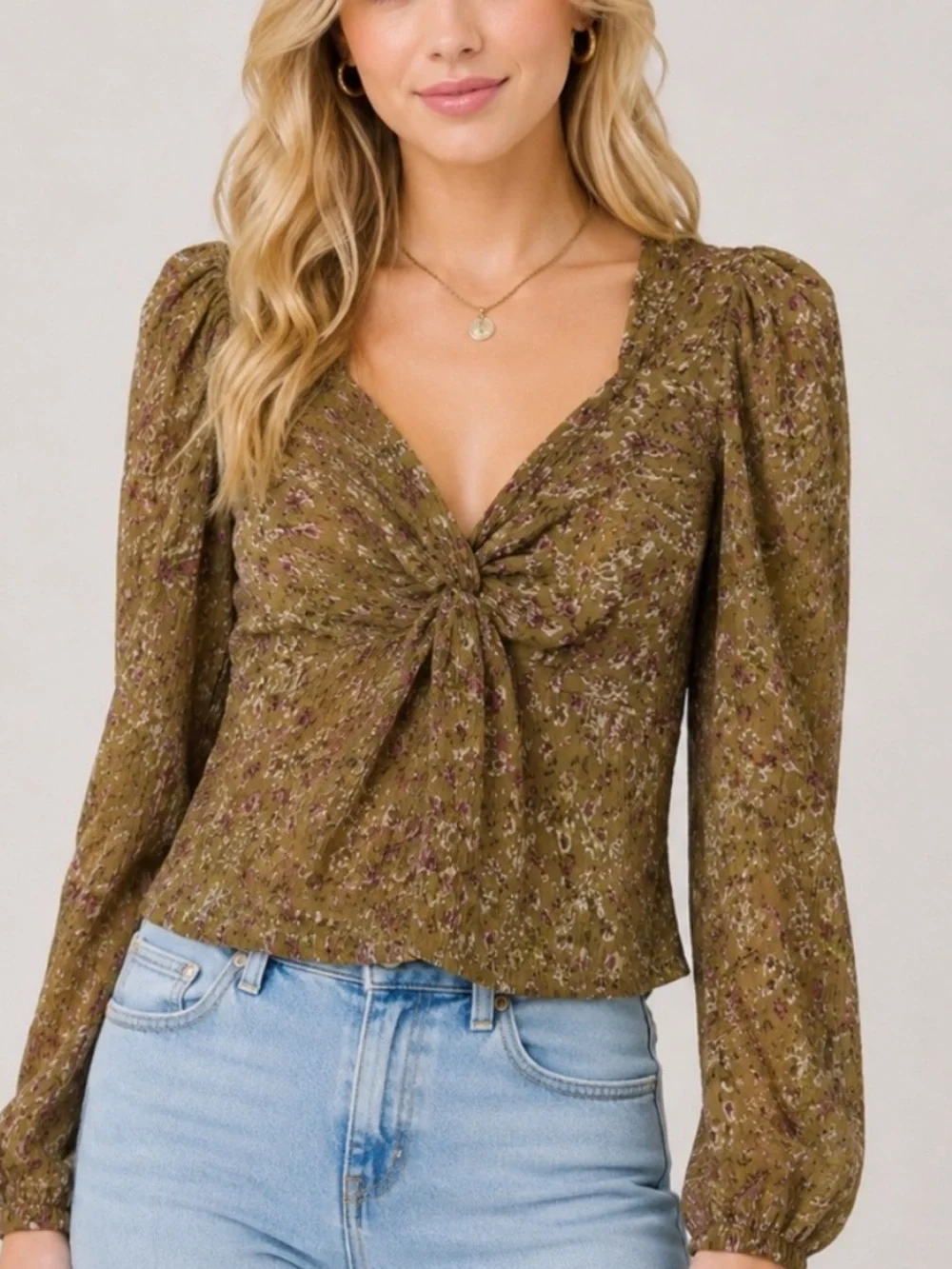ASTR The Label Twist Front Mustard Floral Long Sleeve Top Size S 25916